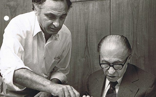 Yehuda Avner (left) at work with Prime Minister Menachem Begin in 1980. (Courtesy of Moriah Films)