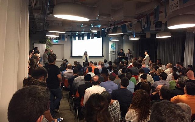 Participants at the Co-Founders Speed Dating and Pitching Event, in Tel Aviv, Israel, on October 26, 2015 (Courtesy)