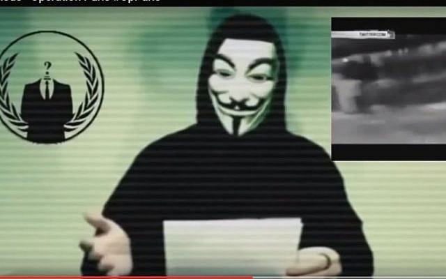 A capture from a video posted by the Anonymous hacker group on YouTube on Monday, November 16 2015 in which the group vows to fight Islamic State in revenge for its attacks on Paris. (Screen Capture YouTube)
