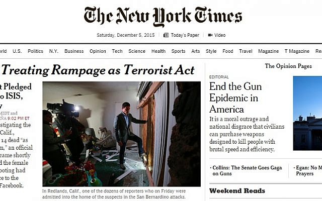 The front page of the New York Times website on December 5, 2015 (screen capture)