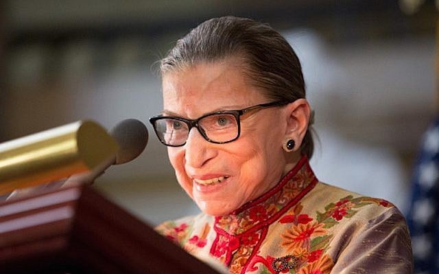 US Supreme Court Justice Ruth Bader Ginsburg speaking at an annual Women's History Month reception hosted by House Minority Leader Nancy Pelosi at the U.S. Capitol in Washington, D.C., March 18, 2015. (Allison Shelley/Getty Images/via JTA)