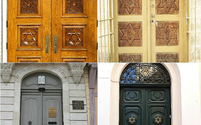 Synagogue doors, clockwise from top left (John Picken/Flickr, CC BY 2.0; zeevveez/Flickr, CC BY 2.0; Dimitris Kamaras/Flickr, CC BY 2.0; Renaud Camus/Flickr, CC BY 2.0) Synagogue doors, clockwise from top left (John Picken/Flickr, CC BY 2.0; zeevveez/Flickr, CC BY 2.0; Dimitris Kamaras/Flickr, CC BY 2.0; Renaud Camus/Flickr, CC BY 2.0)