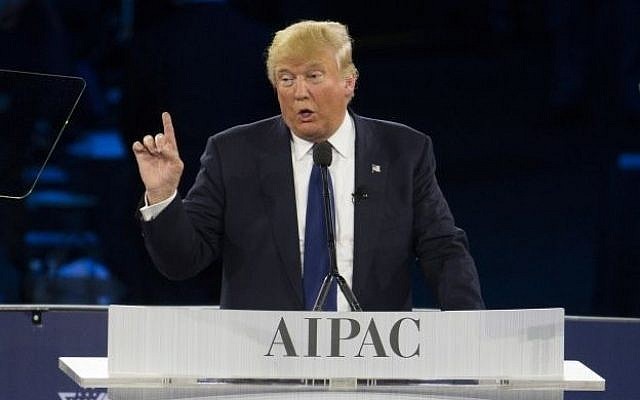 Then Republican presidential candidate Donald Trump speaks at the 2016 American Israel Public Affairs Committee (AIPAC) Policy Conference at the Verizon Center, on Monday, March 21, 2016, in Washington. (Evan Vucci/AP)