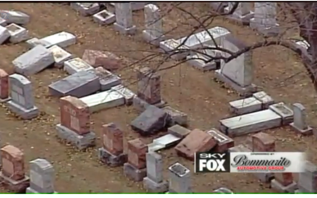 Video still of vandalized headstones in Chesed Shel Emeth Society cemetery in St. Louis, February 20, 2017. (Screen capture: FOX2NEWS via JTA) Video still of vandalized headstones in Chesed Shel Emeth Society cemetery in St. Louis, February 20, 2017. (Screen capture: FOX2NEWS via JTA)