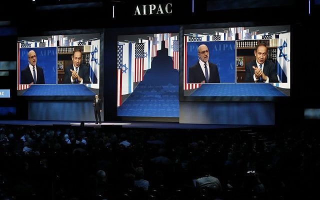Prime Minister Benjamin Netanyahu is projected on screen in Washington, Monday, March 27, 2017, as he speaks to attendees of the AIPAC Policy Conference 2017 via satellite from Israel (AP Photo/Manuel Balce Ceneta) Prime Minister Benjamin Netanyahu is projected on screen in Washington, Monday, March 27, 2017, as he speaks to attendees of the AIPAC Policy Conference 2017 via satellite from Israel (AP Photo/Manuel Balce Ceneta)