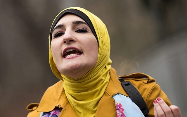 Activist Linda Sarsour speaks during a 'Women For Syria' gathering at Union Square, April 13, 2017 in New York City. (Drew Angerer/Getty Images via JTA) Activist Linda Sarsour speaks during a 'Women For Syria' gathering at Union Square, April 13, 2017 in New York City. (Drew Angerer/Getty Images via JTA)