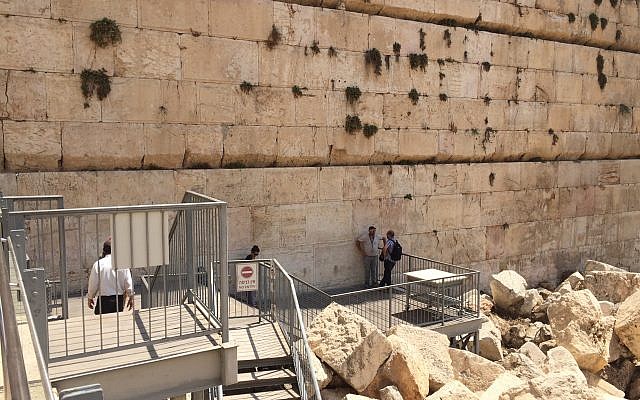 The Robinson's Arch pluralistic prayer area is currently on several levels, with a small platform that touches the Western Wall. (Amanda Borschel-Dan/ToI)