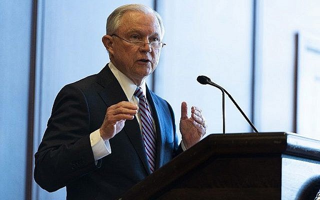 US Attorney General Jeff Sessions delivers remarks on immigration and law enforcement actions at Lackawanna College in Scranton, Pennsylvania, on June 15, 2018. (Jessica Kourkounis/Getty Images/AFP)