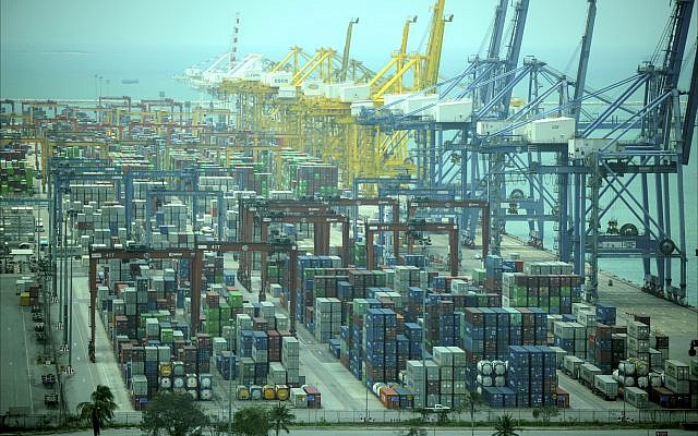 Panoramic view of container operations at Laem Chabang as seen from the deck of the port’s 141-meter observation tower. (Larry Luxner) Panoramic view of container operations at Laem Chabang as seen from the deck of the port’s 141-meter observation tower. (Larry Luxner)