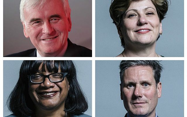 Left: John McDonnell, Diane Abbott. Right:, Emily Thornberry, Keir Starmer