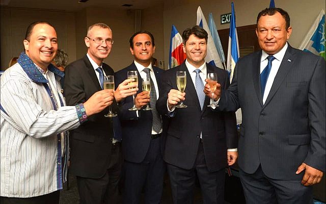From left: Guatemalan Ambassador Mario Adolfo Bucaro; Israeli Tourism Minister Yariv Levin; Héctor Enrique Celarie, chargé d'affaires of El Salvador; Costa Rican Ambassador Esteban Penrod and Ambassador Mario Edgardo Castillo of Honduras toast the 197th anniversary of Central American independence during a Sept. 13 party at the Tel Aviv Sheraton. (Silvia Golan)