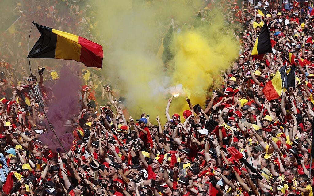 Illustrative: Belgian soccer team fans wait for the team to appear on the balcony of the city hall at the Grand Place in Brussels, Sunday, July 15, 2018 during the World Cup 2018. (Yves Herman, Pool Photo via AP)