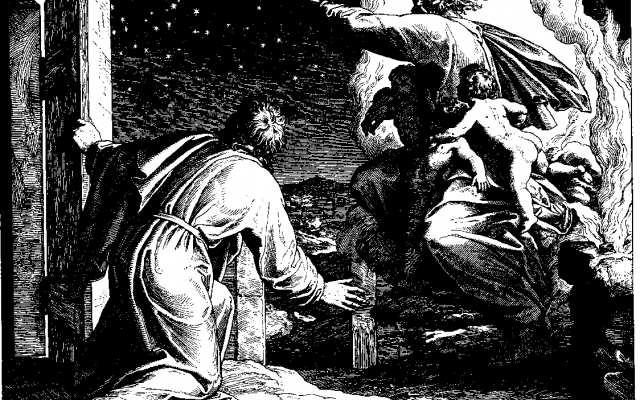 God tells Abraham his offspring will be as numerous as the stars in the sky – yet Abraham is childless. God puts Abraham in a tough spot: believe Me or believe reality. (Woodcut by Julius Schnorr von Carolsfeld from the 1860 Bible in Pictures)