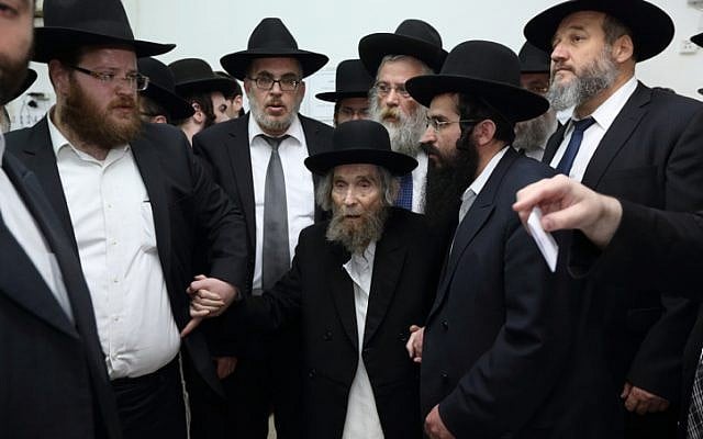 Illustrative: Haredi Jewish leader Rabbi Aharon Leib Shteinman arrives to cast his vote in the Israeli general elections in for the 20th parliament, in Bnei Brak on March 17, 2015. (Yaakov Naumi Flash90) Illustrative: Haredi Jewish leader Rabbi Aharon Leib Shteinman arrives to cast his vote in the Israeli general elections in for the 20th parliament, in Bnei Brak on March 17, 2015. (Yaakov Naumi Flash90)