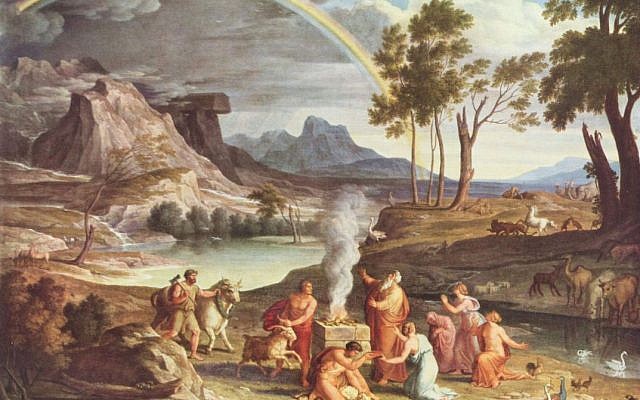 The flood over and man and animal back on dry land, God reconciles Himself with the reality that parts of human nature are beyond His ability to control or repair. ("Landscape with Sacrifice of Noah" by Josef Anton Koch, 1803.)