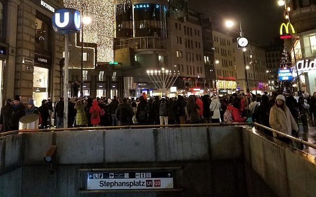 Chabad menorah lighting at prominent 'Stephansplatz' square, Vienna. Hanukkah, 2018