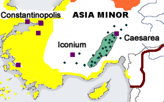 Distribution of Anatolian Greeks in 1910: Demotic Greek speakers in yellow, Pontic Greek in orange and Cappadocian Greek in green with individual villages indicated.