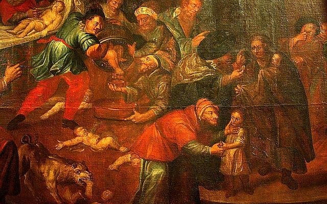 A painting from the Sandomierz Cathedral that depicts a blood libel, ritual murder of Christian children by Jews (Karol de Prevot, 18th century, through Wikimedia Commons).