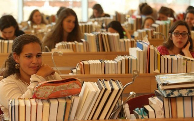 Illustrative. Female students seen studying at Midreshet Lindenbaum in Jerusalem, February 16, 2015. (Nati Shohat/Flash90)