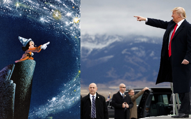 Mickey Mouse, as the legendary sorcerer's apprentice in the Walt Disney flagship cartoon movie Fantasia, next to a recent image of US President Donald Trump (here seen at his arrival for a campaign rally at Bozeman Yellowstone International Airport on November 3, 2018, in Belgrade, Montana. An AP Photo/Evan Vucci via Times of Israel)