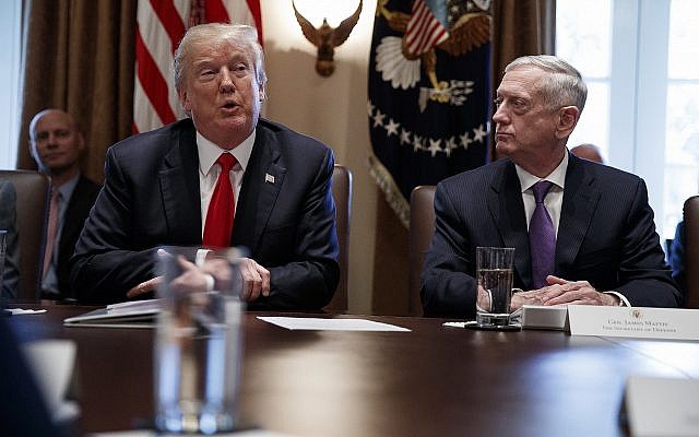 US Defense Secretary Jim Mattis, right, listens to President Donald Trump speak during a cabinet meeting at the White House on January 10, 2018. (AP Photo/Evan Vucci) US Defense Secretary Jim Mattis, right, listens to President Donald Trump speak during a cabinet meeting at the White House on January 10, 2018. (AP Photo/Evan Vucci)