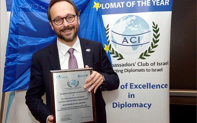 EU Ambassador Emanuele Giaufret displays his "2018 Diplomat of the Year" plaque. (Photo courtesy Ambassadors' Club) EU Ambassador Emanuele Giaufret displays his "2018 Diplomat of the Year" plaque. (Photo courtesy Ambassadors' Club)