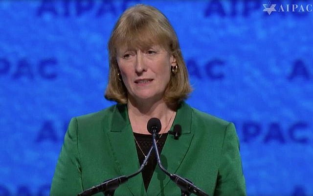 Joan Ryan speaking at AIPAC 2019 (Screenshot - Jewish News)