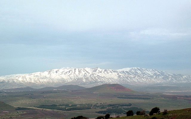A snowy Mount Hermon as seen from the summit of Mount Bental in the Golan Heights. (Wikimedia Commons)