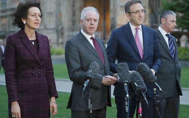 Members of the Board of Deputies (left to right) Gillian Merron, former president Jonathan Arkush, alongside Jonathan Goldstein, and Simon Johnson, formerly of the JLC, speak to the media on College Green following a meeting with Labour leader Jeremy Corbyn in 2018. (Photo credit: Jonathan Brady/PA Wire via Jewish News) Members of the Board of Deputies (left to right) Gillian Merron, former president Jonathan Arkush, alongside Jonathan Goldstein, and Simon Johnson, formerly of the JLC, speak to the media on College Green following a meeting with Labour leader Jeremy Corbyn in 2018. (Photo credit: Jonathan Brady/PA Wire via Jewish News)