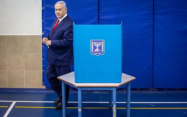 Israel’s Prime Minister Benjamin Netanyahu casts his vote during Israel's parliamentary election in Jerusalem April 9, 2019. Photo by: Emil Salman-JINIPIX via Jewish News