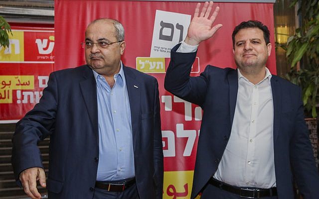 Illustrative. Ayman Odeh and Ahmad Tibi launch the campaign for their joint party Hadash-Ta'al, ahead of the Knesset elections, on March 13, 2019. (Flash90)