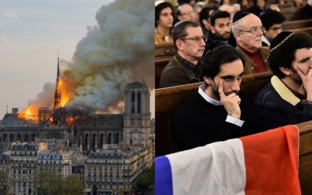 (L) Smoke billows as flames burn through the roof of the Notre-Dame de Paris Cathedral on April 15, 2019, in the French capital Paris. (Fabien Barrau / AFP) / (R) People sit near a French flag as they attend a ceremony for the victims of a series of deadly attacks at the Grande synagogue de la Victoire on November 15, 2015. (Loic Venance/AFP) (L) Smoke billows as flames burn through the roof of the Notre-Dame de Paris Cathedral on April 15, 2019, in the French capital Paris. (Fabien Barrau / AFP) / (R) People sit near a French flag as they attend a ceremony for the victims of a series of deadly attacks at the Grande synagogue de la Victoire on November 15, 2015. (Loic Venance/AFP)