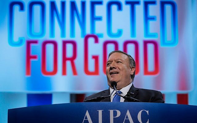 U.S. Secretary of State Mike Pompeo speaks at the American Israel Public Affairs Committee (AIPAC) policy conference in Washington, U.S., March 25, 2019.  (REUTERS/Brendan McDermid) [Used for Michael Laitman by arrangement]