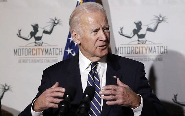 Illustrative. Then-US Vice President Joe Biden gestures while speaking at a ceremony honoring 15 Detroit entrepreneurs, January 10, 2017, in Detroit. (AP Photo/Carlos Osorio) Illustrative. Then-US Vice President Joe Biden gestures while speaking at a ceremony honoring 15 Detroit entrepreneurs, January 10, 2017, in Detroit. (AP Photo/Carlos Osorio)