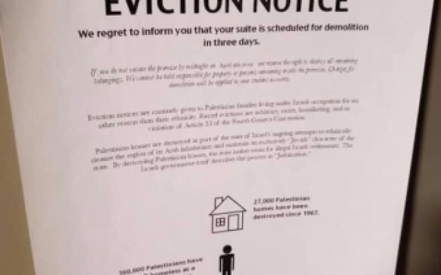 Screenshot from Twitter of mock eviction notice posted on Emory students' dorm room doors. (via Atlanta Jewish Times)