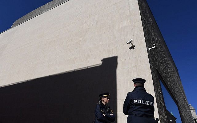 Two police officers stand guard in front of the new Regensburg Synagogue in Germany, Feb. 27, 2019. (Andreas Gebert/Getty Images) Two police officers stand guard in front of the new Regensburg Synagogue in Germany, Feb. 27, 2019. (Andreas Gebert/Getty Images)