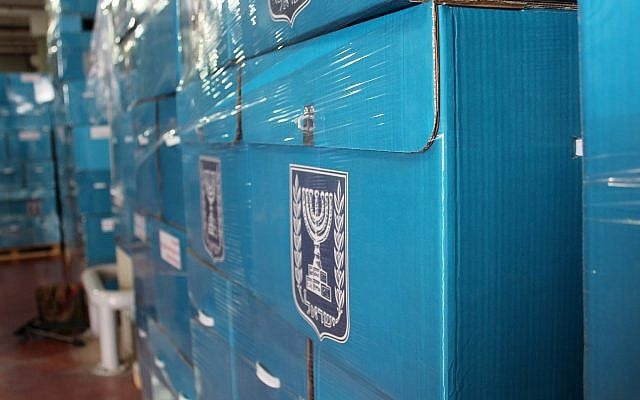 Illustrative. Ballot boxes at the Central Election Committee to be sent to polling stations ahead of election day, March 6, 2019. (Raoul Wootliff/Times of Israel) Illustrative. Ballot boxes at the Central Election Committee to be sent to polling stations ahead of election day, March 6, 2019. (Raoul Wootliff/Times of Israel)