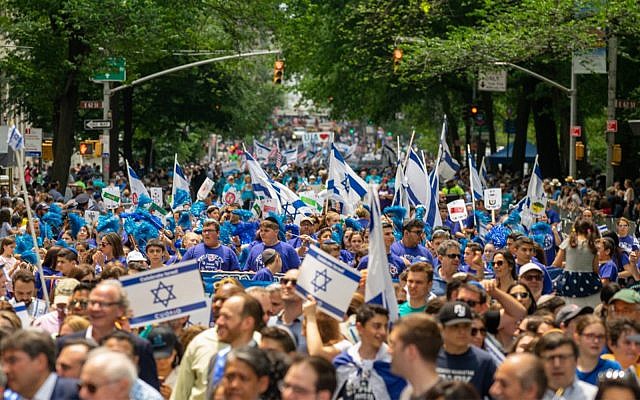 People participate in the annual Celebrate Israel Parade, on June 2, 2019, in New York City. (David Dee Delgado/Getty Images/AFP)