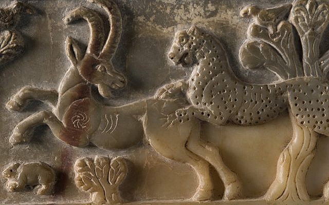 Anonymous (South Arabian). 'A Lion and a Leopard Attacking Animals,' 5th-3rd century BC. calcite-alabaster, traces of paint. Walters Art Museum (21.71): Gift of Giraud and Carolyn Foster, 2008.