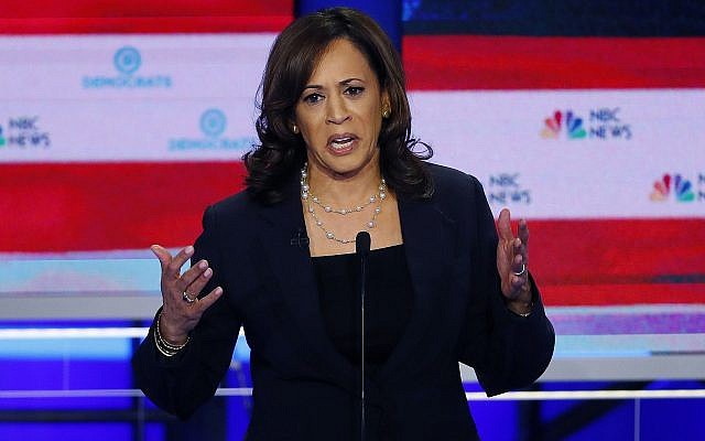 Democratic presidential candidate Senator Kamala Harris of California speaks during the Democratic primary debate at the Adrienne Arsht Center for the Performing Art, June 27, 2019, in Miami. (AP Photo/Wilfredo Lee)