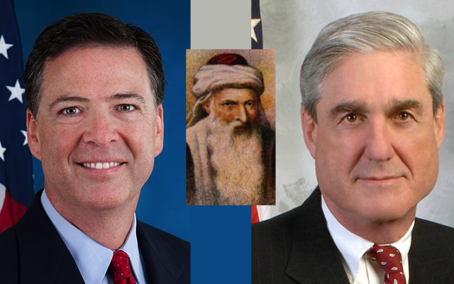James Comey and Robert Mueller, official portraits, public domain; Rabbi, wikimedia