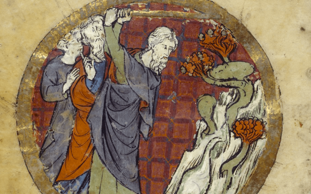 Illuminated Bible, miniature of Moses hitting the rock in the desert to bring forth water with two Israelites behind his back. 13th century, France. Illuminated Bible, miniature of Moses hitting the rock in the desert to bring forth water with two Israelites behind his back. 13th century, France.