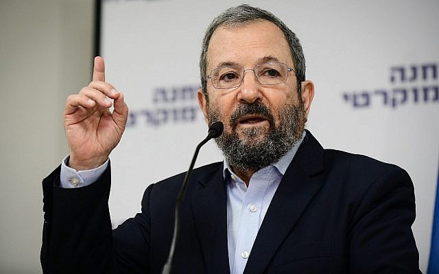 Former prime minister Ehud Barak speaks at the Democratic Camp electoral alliance's campaign launch in Tel Aviv on August 12, 2019. (Tomer Neuberg/Flash90) Former prime minister Ehud Barak speaks at the Democratic Camp electoral alliance's campaign launch in Tel Aviv on August 12, 2019. (Tomer Neuberg/Flash90)