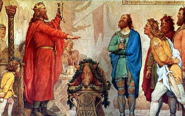 Sweyn and the Jomsvikings at the funeral of his father Harald Bluetooth. Painting by Lorenz Frølich, c. 1883–86. (Public Domain/ Wikimedia Commons)