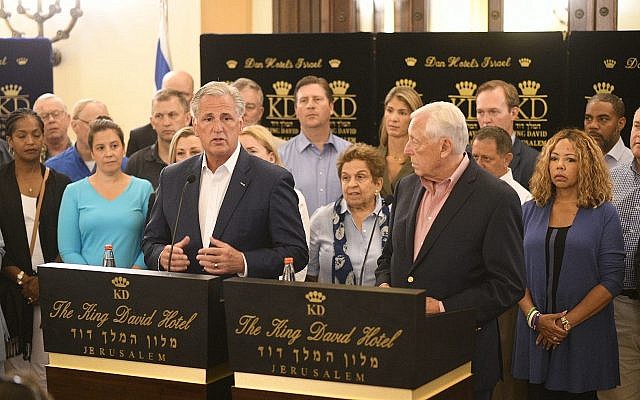 House Majority Leader Steny Hoyer, right, and Republican Leader Kevin McCarthy with a delegation of members of the United States House of Representatives in Jerusalem, August 11, 2019. (courtesy Hadari Photography) House Majority Leader Steny Hoyer, right, and Republican Leader Kevin McCarthy with a delegation of members of the United States House of Representatives in Jerusalem, August 11, 2019. (courtesy Hadari Photography)