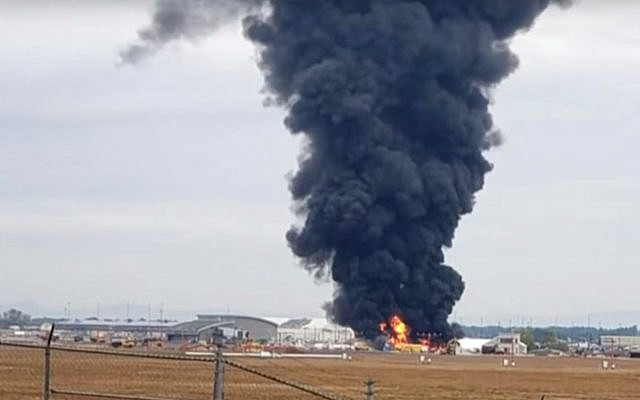 The vintage B-17 plane in fiery crash at Hartford airport, October 2, 2019. (YouTube)