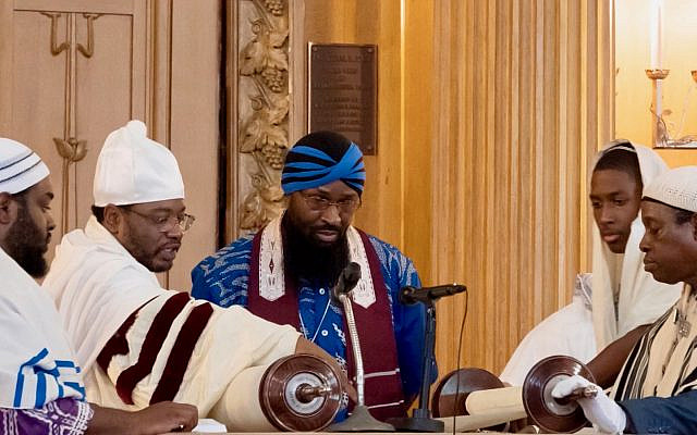 Hebrew Israelites reading from the Torah at Congregation Beth Elohim in Brooklyn, NY, August 17, 2019. (Courtesy of blackjews.org)