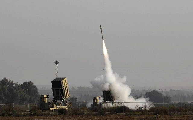 An Israeli missile launched from the Iron Dome defense missile system, designed to intercept and destroy incoming short-range rockets and artillery shells, is pictured in the southern Israeli city of Sderot, on November 12, 2019. (MENAHEM KAHANA / AFP)