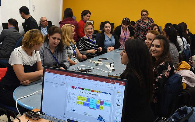 Visiting Azerbaijani teachers attend a training seminar at ORT Israel’s R&D Center in Tel Aviv. (Larry Luxner)