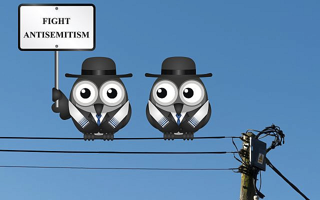 Fight antisemitism message with Jewish characters wearing Tallit prayer shawls 
perched on electrical cables